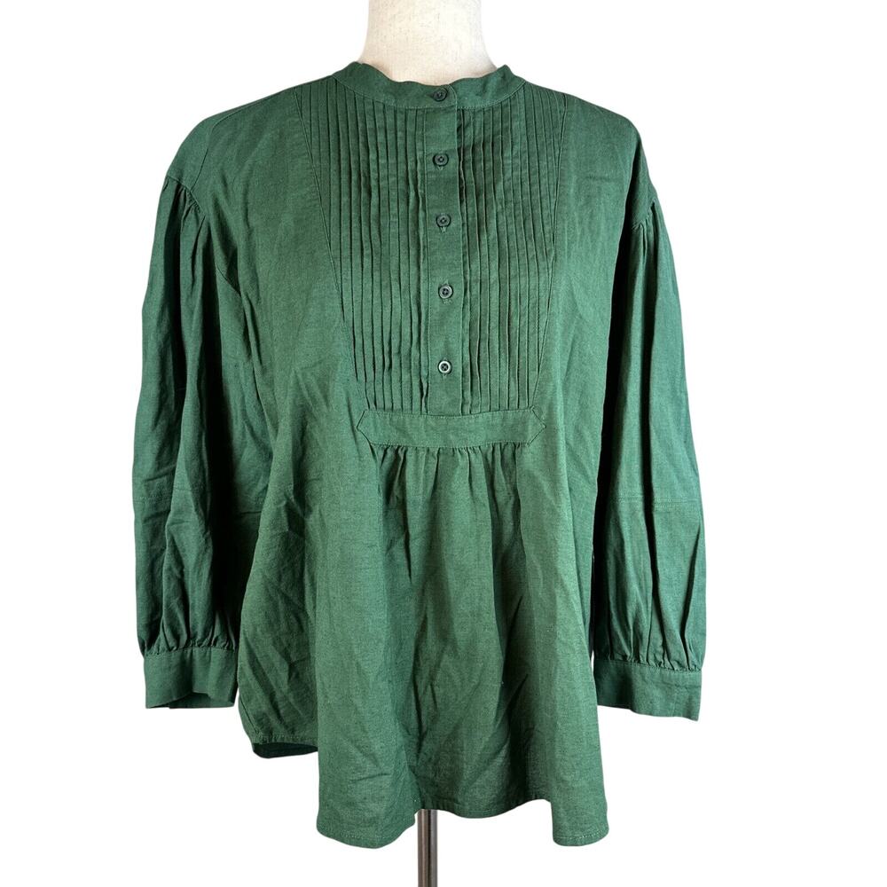 Apiece Apart Willow Cotton Linen Bib Blouse Size S Forest Green Balloon Sleeve